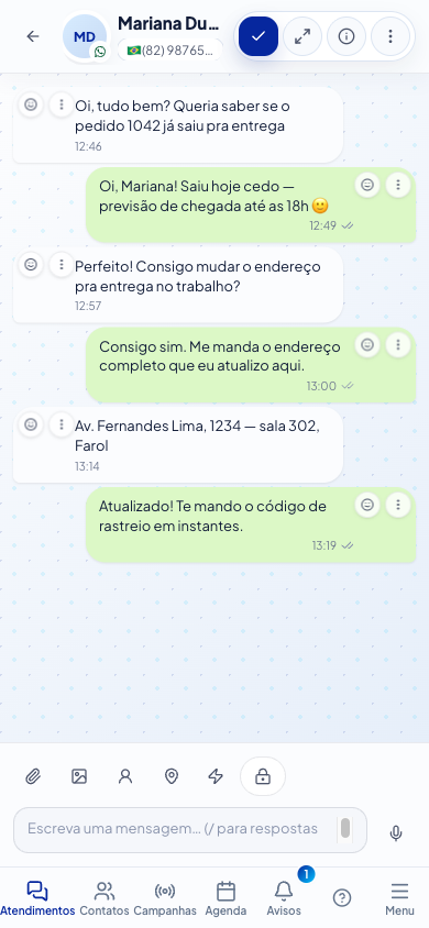 Painel de atendimento do ChatDigi no celular — conversa de WhatsApp com cliente